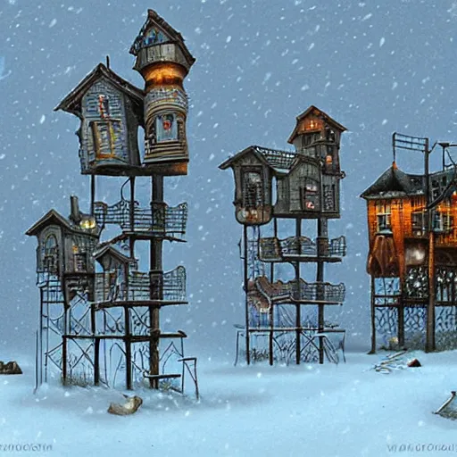 Image similar to a steampunk village on tall stilts in a snowy field, blizzard, by Naoto Hattori,