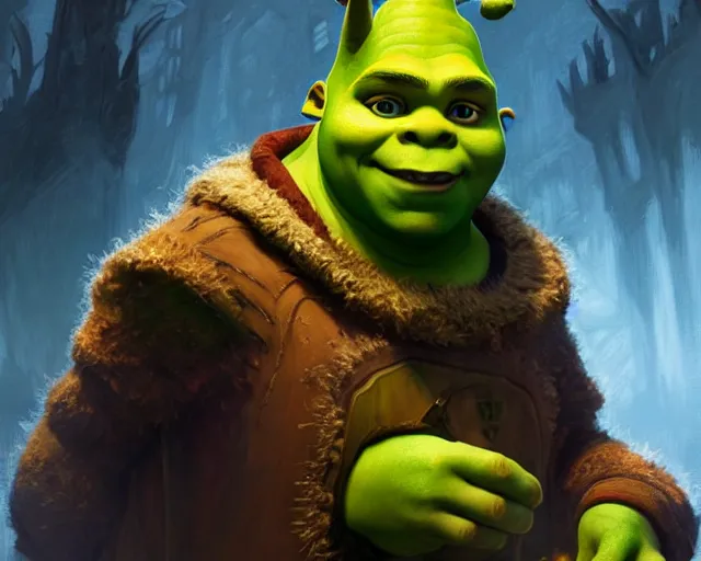 Image similar to michael cera as shrek, dressed as a wizard, deep focus, d & d, fantasy, intricate, elegant, highly detailed, digital painting, artstation, concept art, matte, sharp, illustration, hearthstone, art by artgerm and greg rutkowski and alphonse mucha