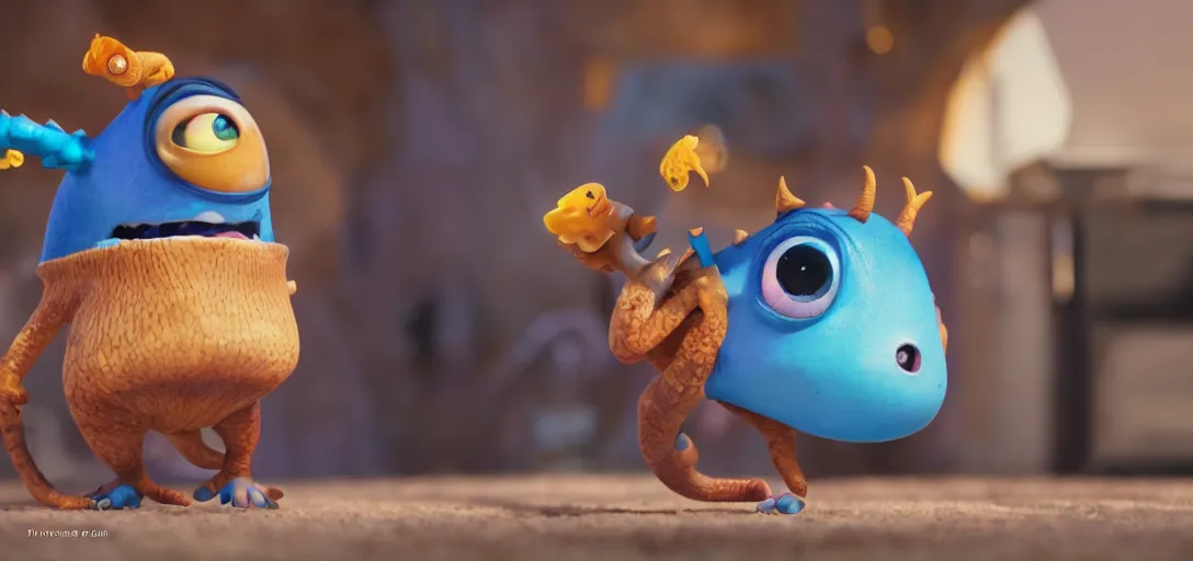 Image similar to a cinematic image of a cute and adorable pixar monster, 4k, 100mm, full monster in frame