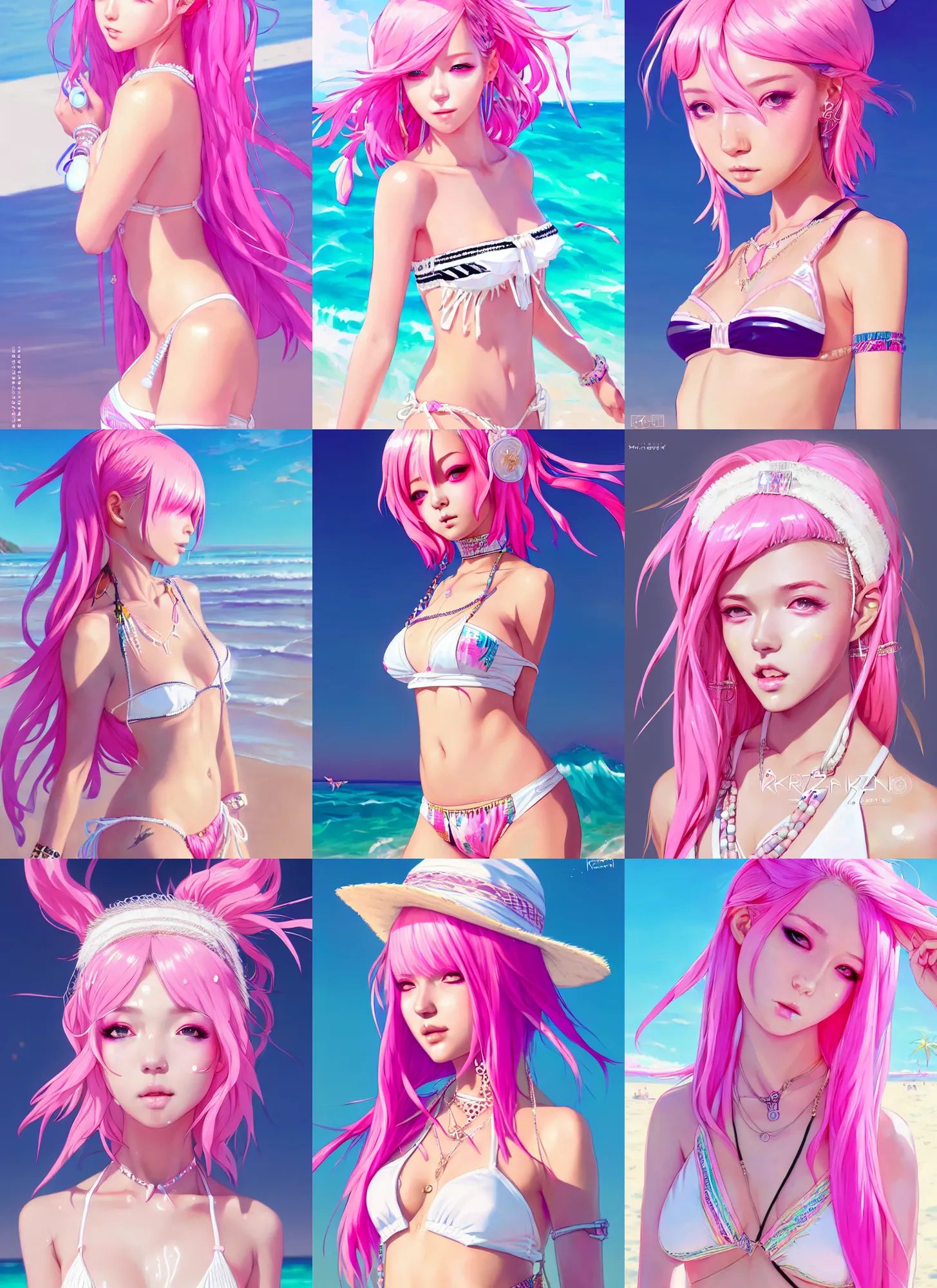 Prompt: portrait of a beautiful perky girl with pink hair with boho accessories, in white reflective bikini at beach, glossy, symmetry face, top lighting, cute face, highly detailed, seraphine ahri kda, art by krenz and wenjun lin and starember and kuvshinov ilya and kidmo and rossdraws and artgerm