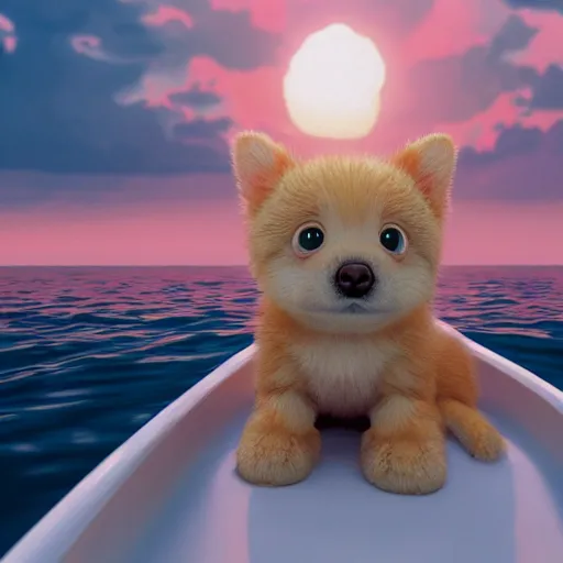 Image similar to a close - up image of a baby dog on a small wooden boat in the sea near a small island at sunrise, ghibli studio, pixar and disney style, concept art, octane render, unreal engine 5, trending on artstation, high quality, highly detailed, colorful, anatomically correct, anime style, beautiful, path traced, cute