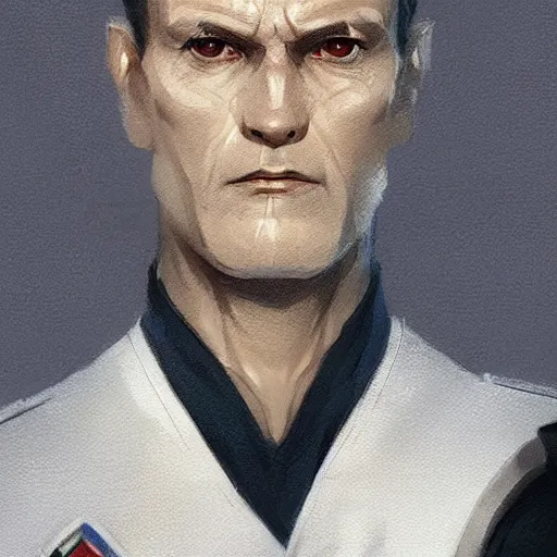 Image similar to portrait of a man by greg rutkowski, great admiral thrawn from star wars, blue skin, short black hair in military style, tall, star wars expanded, universe, he is about 5 0 years old, wearing white colored imperial admiral uniform, artstation hq