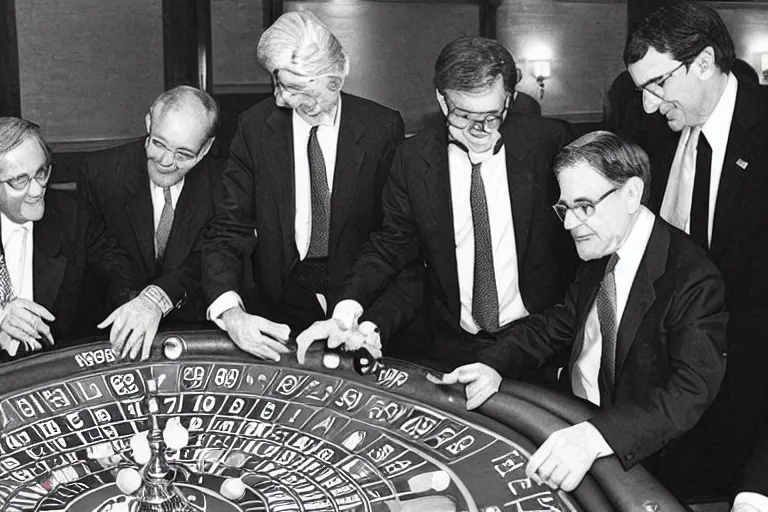 Image similar to “Alan Greenspan, Ben Burnanke, and Jerome Powell playing roulette with American inflationary policy in a Monty Carlo Casino”