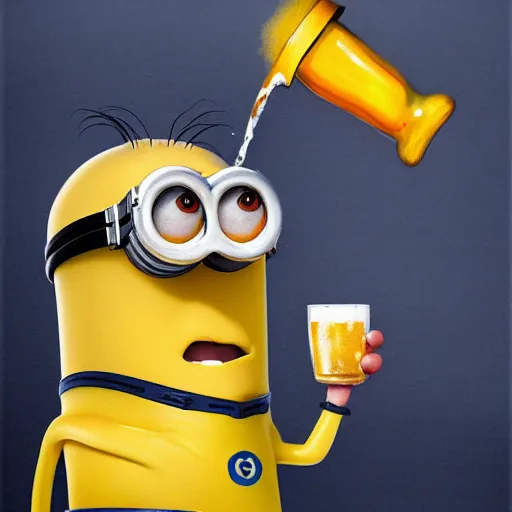 Prompt: an epic painting minion drinking beer from big mug and he really drunk, pencil drawing, perfect composition, golden ratio, beautiful detailed, photorealistic, digital painting, concept art, smooth, sharp focus, illustration, artstation trending, octane render, unreal engine