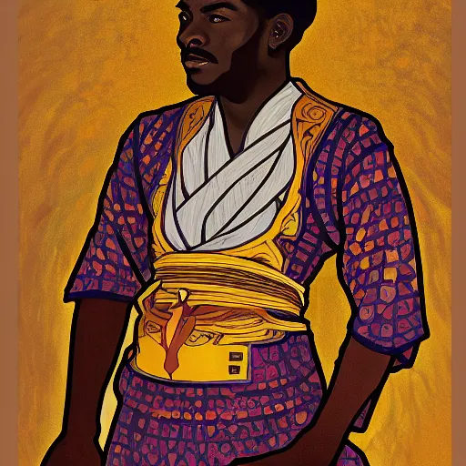 Prompt: a full body oil painting illustration of an African samurai with reddish golden hair, by Alphonse Mucha and Jacob Lawrence and Kehinde Wiley with face and body clearly visible, visible pupils, forgotten realms, high quality, sombre mood, muted colours, no crop, entire character.
