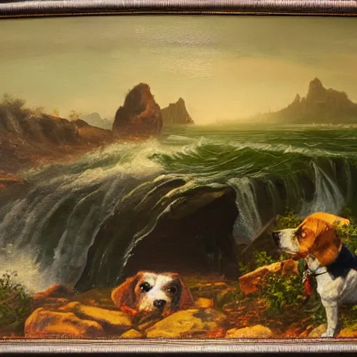 Image similar to two dogs are sitting on the a rock and looking at the bay, waterfall and fight of godzillas, oil painting, high detailed