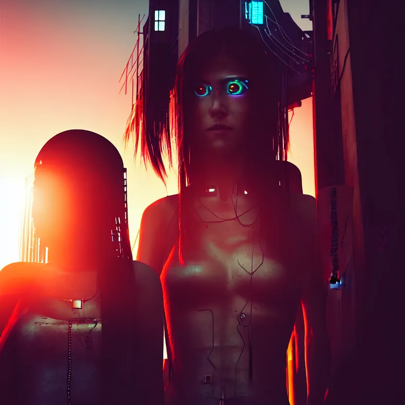 Image similar to a photo close up cyberpunk cyborg girl stands in a cyberpunk hiroshima, prefecture streets, sunset, photorealistic, cinematic lighting, very detailed, style by tomino - sama