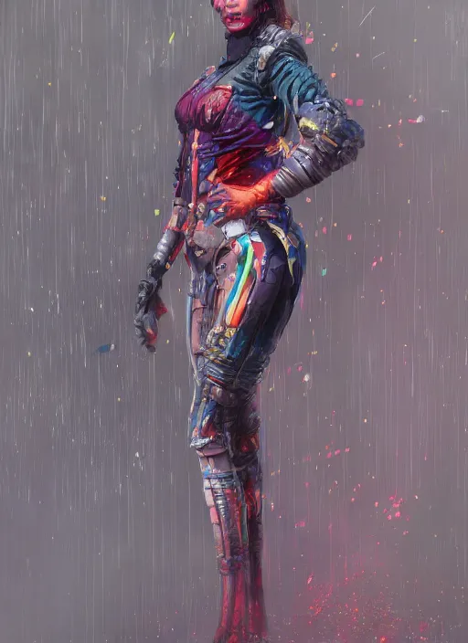 Image similar to detailed full body concept art illustration colorful oil painting of a dystopian female in full intricate clothing, ultra detailed, digital art, octane render, 4K, dystopian, micro details, hyper realistic