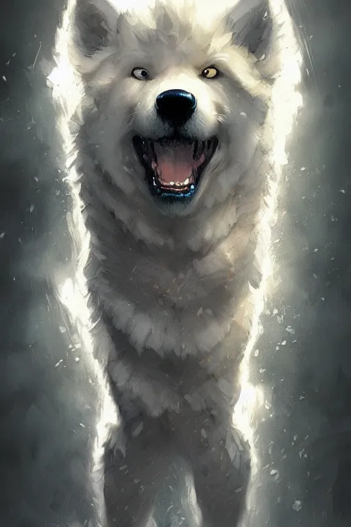 Image similar to comic book cover. heroic samoyed dog by greg rutkowski, trending on artstation