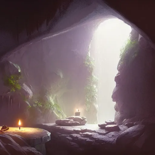 Prompt: cozy, empty bathhouse hidden in a cave, candlelight, towels, cushions, natural light, lush plants and flowers, elegant, smooth cave rock, fantasy, atmospheric lighting, digital painting, Greg Rutkowski concept art