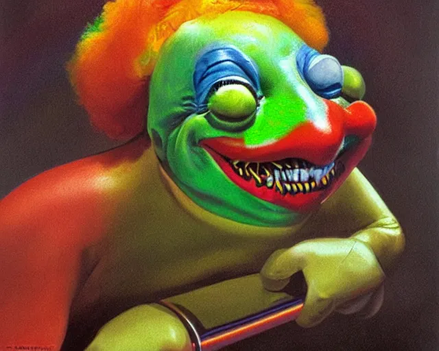 Image similar to The Clown Frog King welcomes you Clown World, painting by Ralph McQuarrie, clown frog king in clown makeup and rainbow wig, chaotic