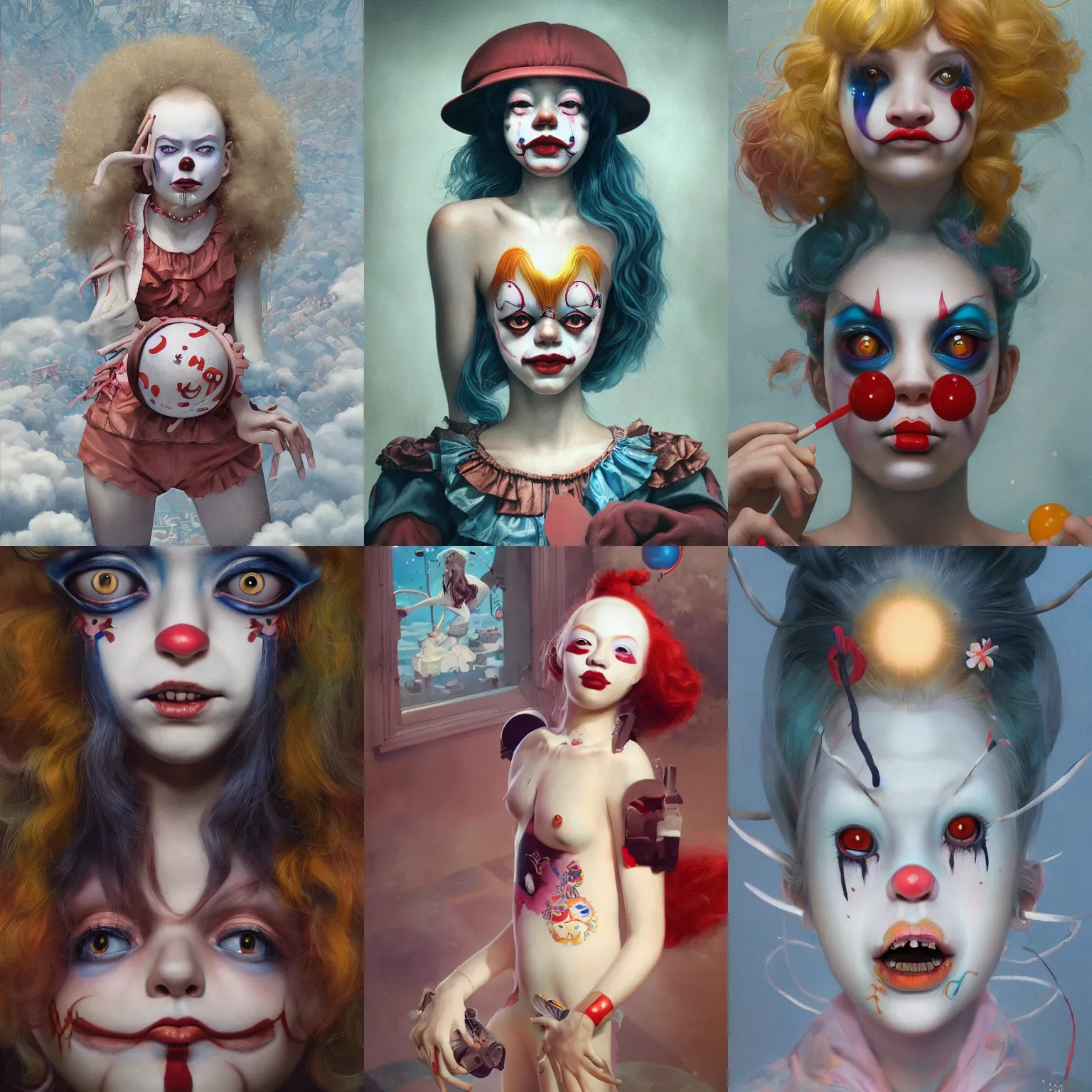 Image similar to breathtaking detailed painting of clown girl , with anxious, piercing eyes, Atari game cover art by Hsiao-Ron Cheng, James jean, Miho Hirano, Hayao Miyazaki, extremely moody lighting, hyperrealistic, octane render, RPG portrait, ambient light, dynamic lighting