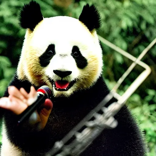 Image similar to a panda singing into a microphone, dramatic, beautiful, kodachrome film