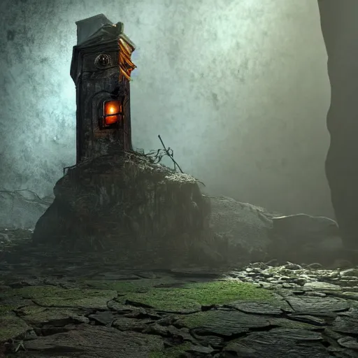 Image similar to an abandoned old rusty clocktower in a dark enormous cave, Low level, digital art, unreal engine, WLOP, trending on artstation, 4K UHD image, octane render dynamic lighting, cinematic, establishing shot, extremely high detail, photo realistic, cinematic lighting, watercolor, intricate line drawings, 8k resolution