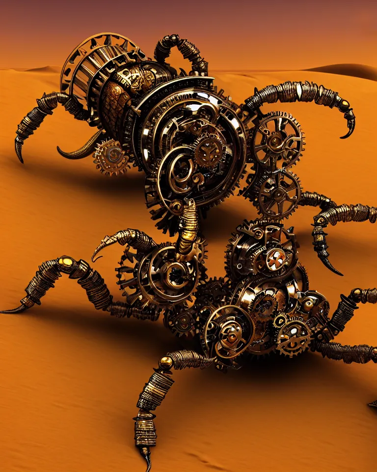 Prompt: a mechanical steampunk style scorpion on sand dunes, mechanical steampunk gears, tending on artstation, 4 k realistic, vibrant colors, cinematic lighting