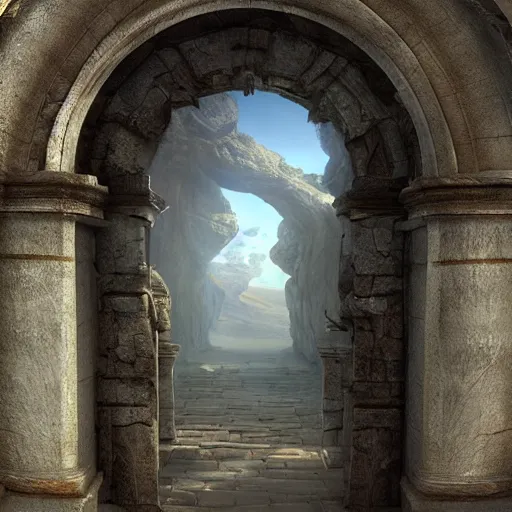 Image similar to beautiful matte painting of the grand ancient stone door, fantasy, sharp focus