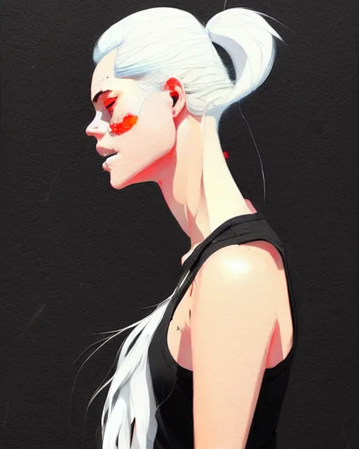 Image similar to a ultradetailed beautiful painting of a stylish woman, she is wearing a black tank top and jeans, she has white hair in a pony tail, by conrad roset, greg rutkowski and makoto shinkai trending on artstation