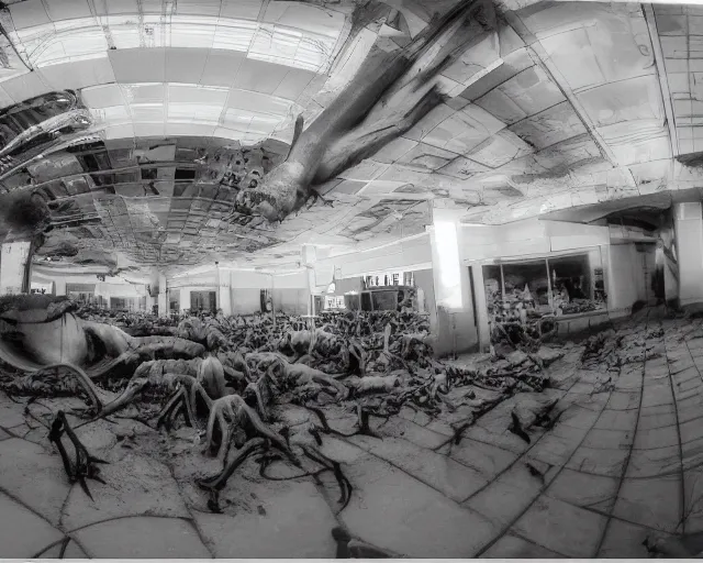 Image similar to camera footage of a Hundreds of Rabid Zerg in an abandoned shopping mall, high exposure, dark, monochrome, camera, grainy, CCTV, security camera footage, timestamp, zoomed in, fish-eye lens, Nightmare Fuel, Aliens, Evil, Zerg, Brood Spreading, Motion Blur, Hive, horrifying, lunging at camera :4