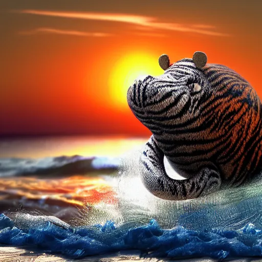 Image similar to a closeup photorealistic photograph of a cute smiling knitted tiger hippopotamus chasing a beachball during sunset. surf in background. professional capture. this 4 k hd image is trending on artstation, featured on behance, well - rendered, extra crisp, features intricate detail, epic composition and the style of unreal engine.