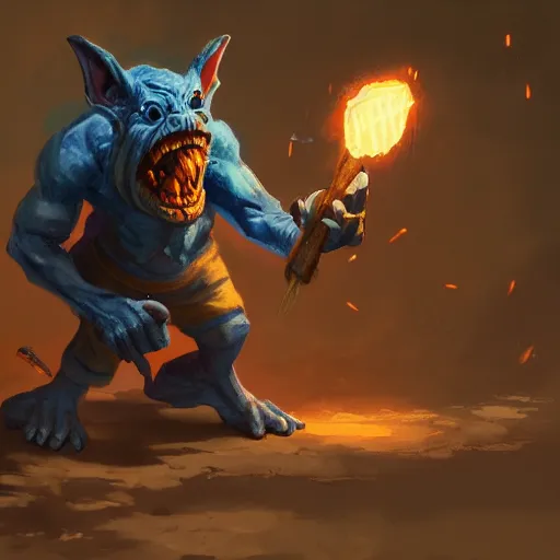 Image similar to a goblin throwing a haphazard bomb at the viewer, style of BalanceSheet, trending on artstation, high detail, epic, masterpiece, blue lighting