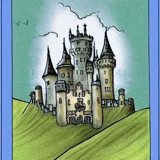 Image similar to A beautiful digital art of a castle in the clouds. graphic design by Maurice Sendak delicate