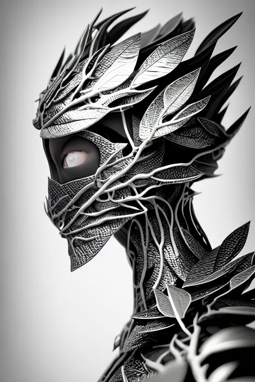 Image similar to monochrome close - up profile face, black background, beautiful young porcelain bio - mechanical vegetal - dragon - cyborg - female, white metallic armour, silver gold details, magnolia leaves and stems, roots, mandelbot fractal, 1 5 0 mm, beautiful natural soft rim light, elegant, hyper real, ultra detailed, octane render, 1 6 k