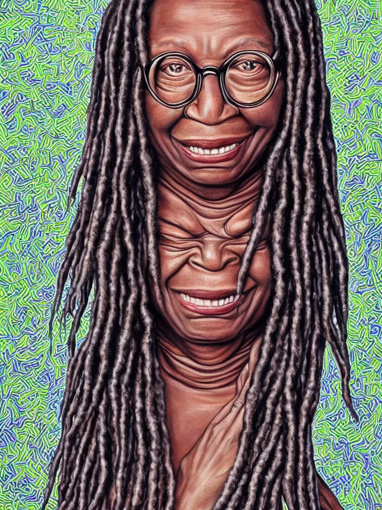 Image similar to portrait of whoopi goldberg, by visionary artist alex grey, painting, hyper realistic, super detailed, high resolution