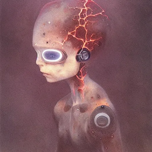 Prompt: A cute cyborg girl by Beksinski