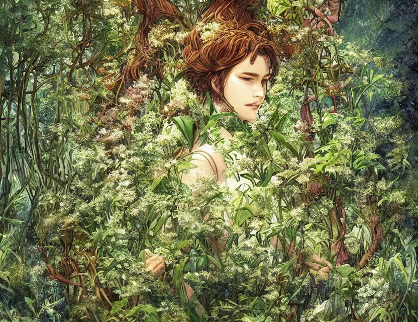 Image similar to the clockwork princess overgrown by plants. this oil painting by the award - winning mangaka has interesting color contrasts, plenty of details and impeccable lighting.