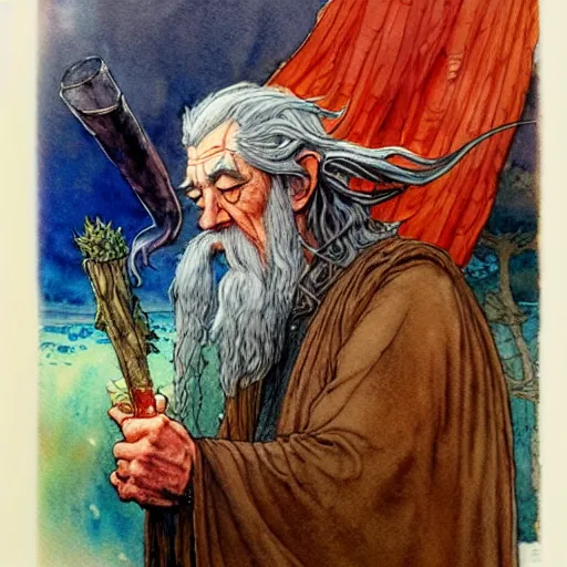 Prompt: a realistic and atmospheric watercolour fantasy character concept art portrait of gandalf with red eyes smoking a huge blunt looking at the camera with a marijuana leaf nearby by rebecca guay, michael kaluta, charles vess and jean moebius giraud