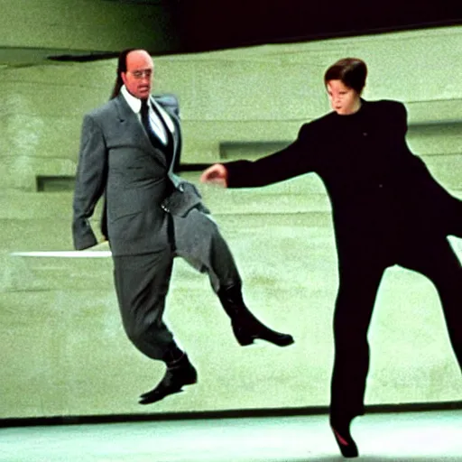 Image similar to Dramatic action shot of Angela Merkel dodging kick from Neo in the matrix movie 1999