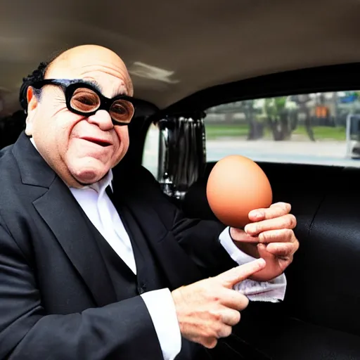 Image similar to danny devito offering you an egg in the backseat of a limo, high quality, high resolution