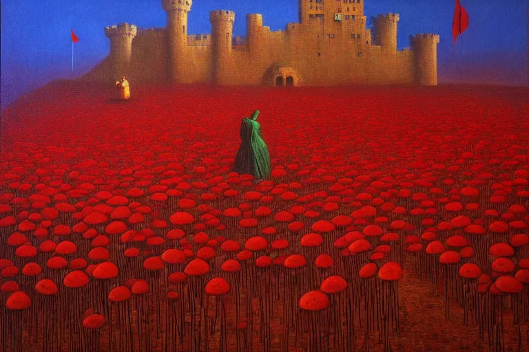 Image similar to only with red, red mushrooms of different types, a red tiger, a castle in the background, medieval demons dance over the flowers, an ancient path, in the style of beksinski, part by hopper, part by rodcenko, part by hofbauer, intricate composition, red by caravaggio, insanely quality, highly detailed, masterpiece, red light, artstation