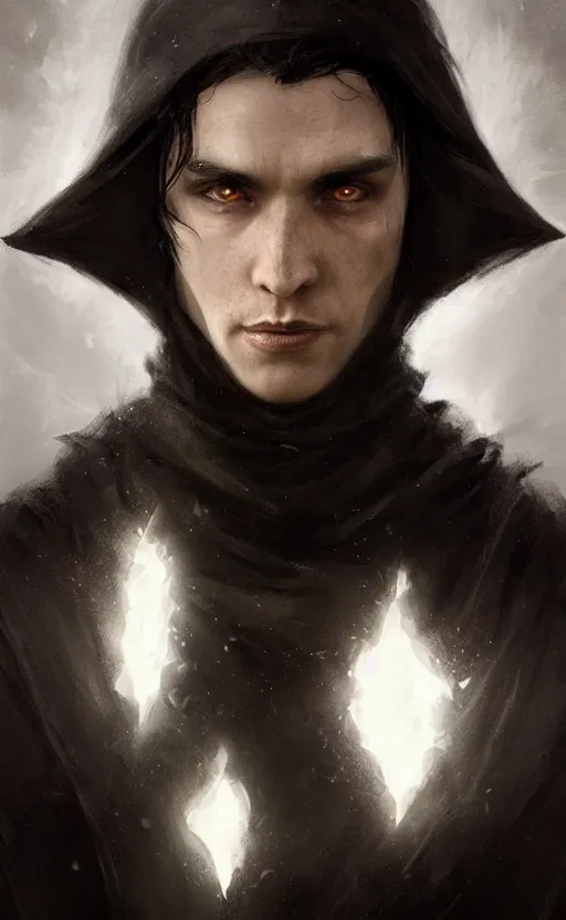 Image similar to Portrait of an elf in a black cloak, black hair, glowing eyes, male, detailed face, fantasy, highly detailed, cinematic lighting, digital art painting by greg rutkowski