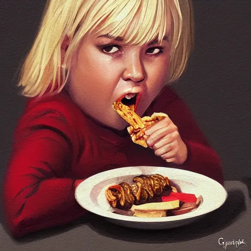 Image similar to portrait of a blonde chubby woman eating kebab, light stubble with red shirt ,digital art,photorealistoc,art by greg rutkowski,hyperdetailed,western comic style,comic,comic style,sharp lineart,professional lighting,deviantart,artstation,trevor henderson,rossdtaws,cinematic,dramatic