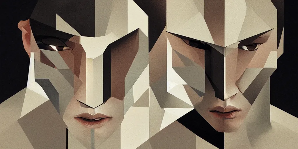 Image similar to highly detailed portrait of a portrait geometric face modernist bauhaus minimalism, by greg rutkowski and fujimoto tatsuki, dramatic lighting, dynamic pose, dynamic perspective