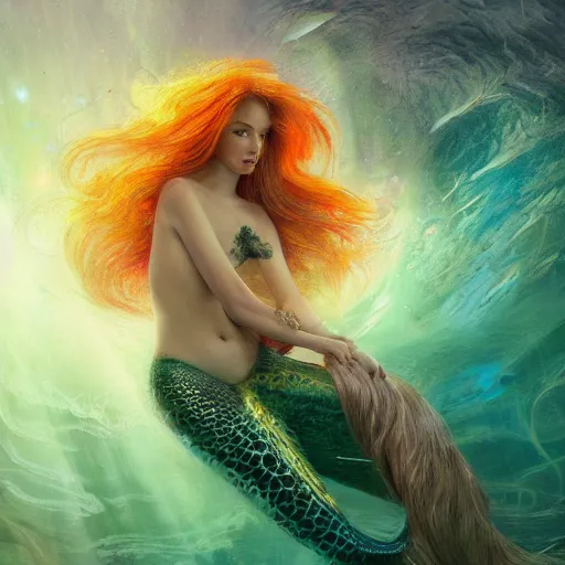 Prompt: Portrait of a mermaid in a luminescent sunken ship, face, orange flowing hair, fantasy, intricate, elegant, beautiful, magical, enchanted, yellow mist, highly detailed, digital painting, trending on artstation, concept art, smooth, sharp focus, illustration, art by Heady Tale and Artem Demura and Norman Rockwell, 4k, 8k