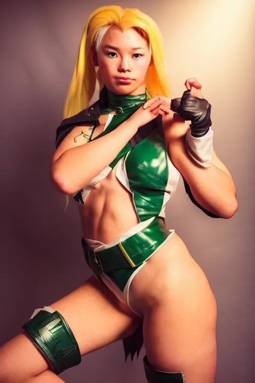 Prompt: cosplaying as cammy from street fighter, promo shoot, studio lighting, professional, by artgerm and alphonse mucha, trending on instagram