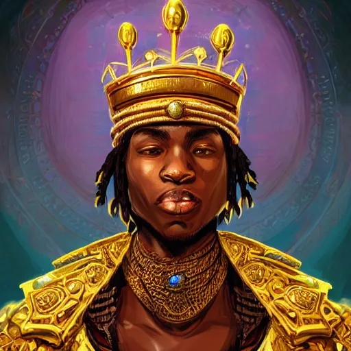 Image similar to a young black boy dressed like an african moorish warrior in gold armor and a crown with a ruby, and a very ornate glowing scimtar, for honor character digital illustration portrait design, by android jones in a psychedelic fantasy style, dramatic lighting, hero pose, wide angle dynamic portrait