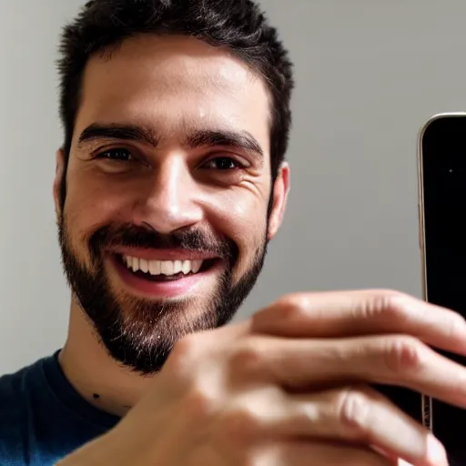 Prompt: happy man takes an instagram selfie using the front camera of an iphone 12 pro max highly detailed 4k quality