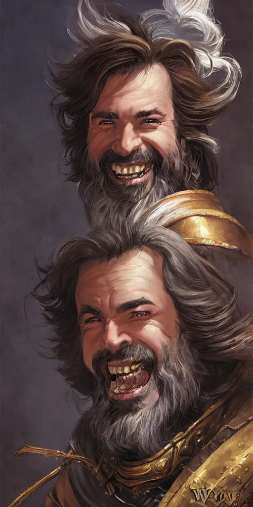 Prompt: beautiful portrait painting of a very short and small male halfing bard with brown hair with some grey hairs, full beard, ridiculous smile, from pathfinder, evil smirk, narcissist, self centered, painted by larry elmore, wayne reynolds, greg rutkowski, magic the gathering, dungeons and dragons, dishonored 2