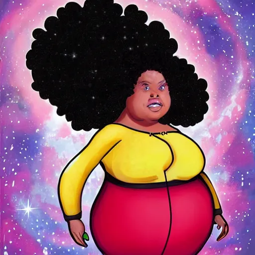 Prompt: mixed fat woman with an afro in space