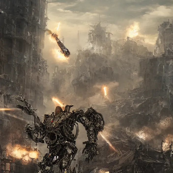 Prompt: mech - warrior firing rockets, background crumbling buildings, hyper - detailed, octane render, sharp focus, 4 k ultra hd, fantasy dark art, apocalyptic art