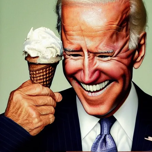 Prompt: joe biden devouring an ice cream cone with a disturbingly large mouth, potrait, award winning