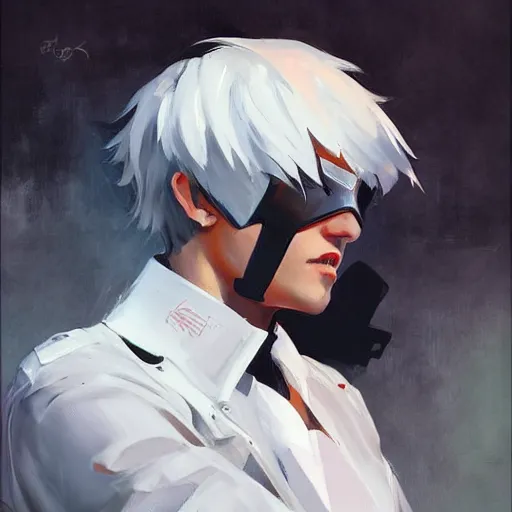 Image similar to greg manchess portrait painting of ken kaneki as overwatch character, medium shot, asymmetrical, profile picture, organic painting, sunny day, matte painting, bold shapes, hard edges, street art, trending on artstation, by huang guangjian and gil elvgren and sachin teng