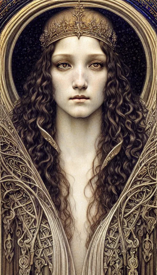 Image similar to detailed realistic beautiful young medieval queen face portrait by jean delville, gustave dore and marco mazzoni, art nouveau, symbolist, visionary, gothic, pre - raphaelite. horizontal symmetry