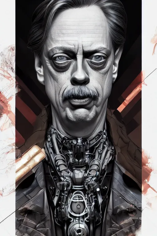 Image similar to wow! 3 / 4 stunning photorealistic portrait of steve buscemi in a kowloon cyberpunk cityscape, biomechanical bodysuit, oppai proportions, acid rain, dark fantasy by artgerm and clay mann and sorayama and alphonse mucha, very realistic, hyperdetailed, trending on artstation, octane render