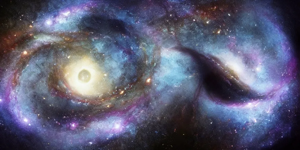 Prompt: view of the one spiral galaxy, deep space, dark space, in the style of assassin's creed