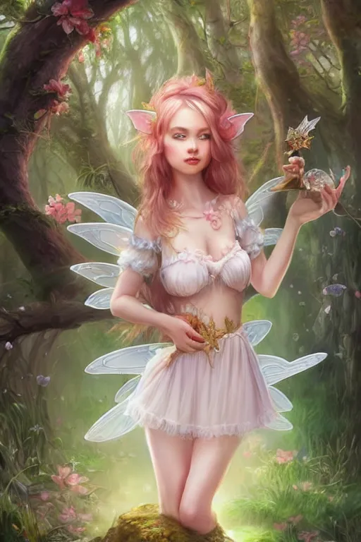 Image similar to a cute fairy in the dreamy forest, fantasy, 8 k resolution, hyper detailed, d & d, character design, digital painting, trending on artstation, sharp focus, illustration, art by artgerm, steve zheng, fuji choko, viktoria gavrilenko, hoang lap