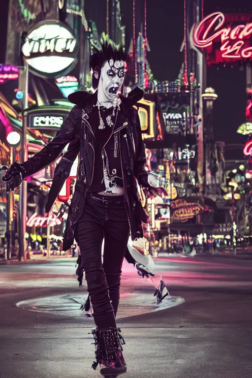 Prompt: full body portrait of a punk vampire on the las vegas strip at night, cinematic, hyper realism, high detail, octane render, 8k, cgsociety,urban horror,concept art